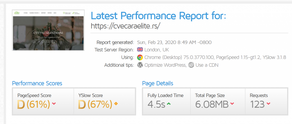 cvecaraelite.com,  GTmetrix score (before)