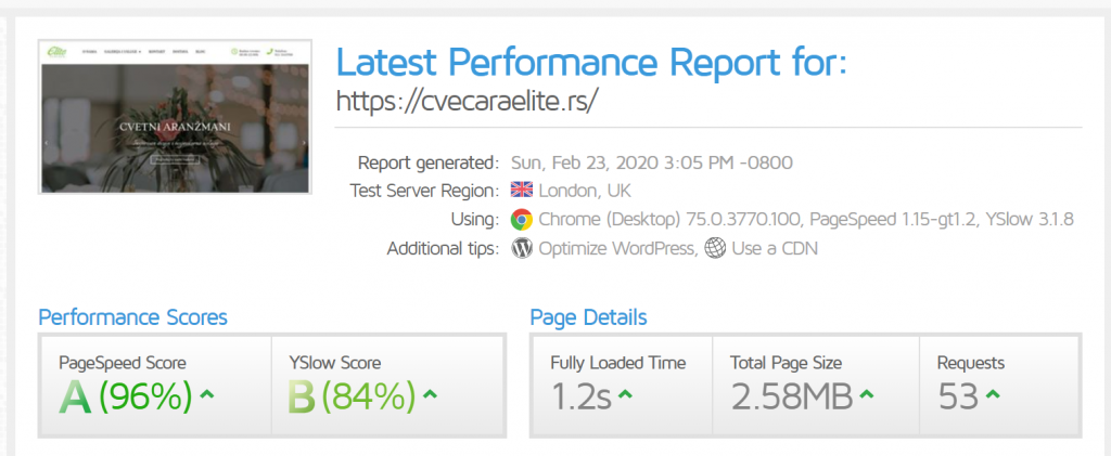 cvecaraelite.com,  GTmetrix score (after)